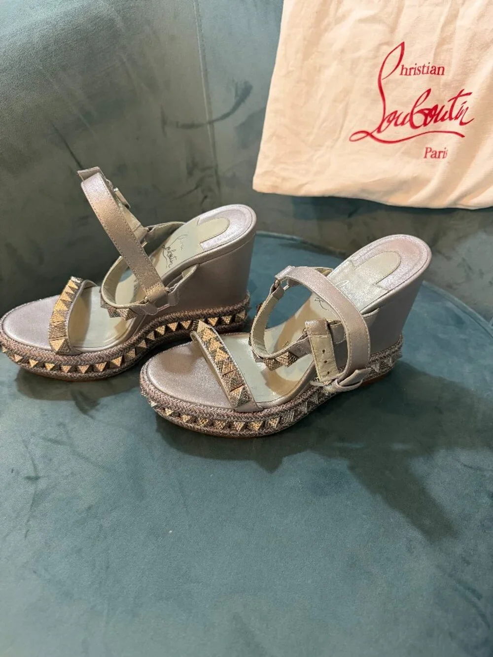 Christian Louboutin Silver Studded Espadrille Wedge Sandals Sz 35